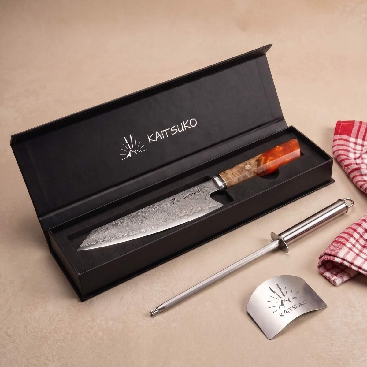 coffret couteau japonais Kaitsuko kiritsuke en damas et accessoires de cuisine offerts