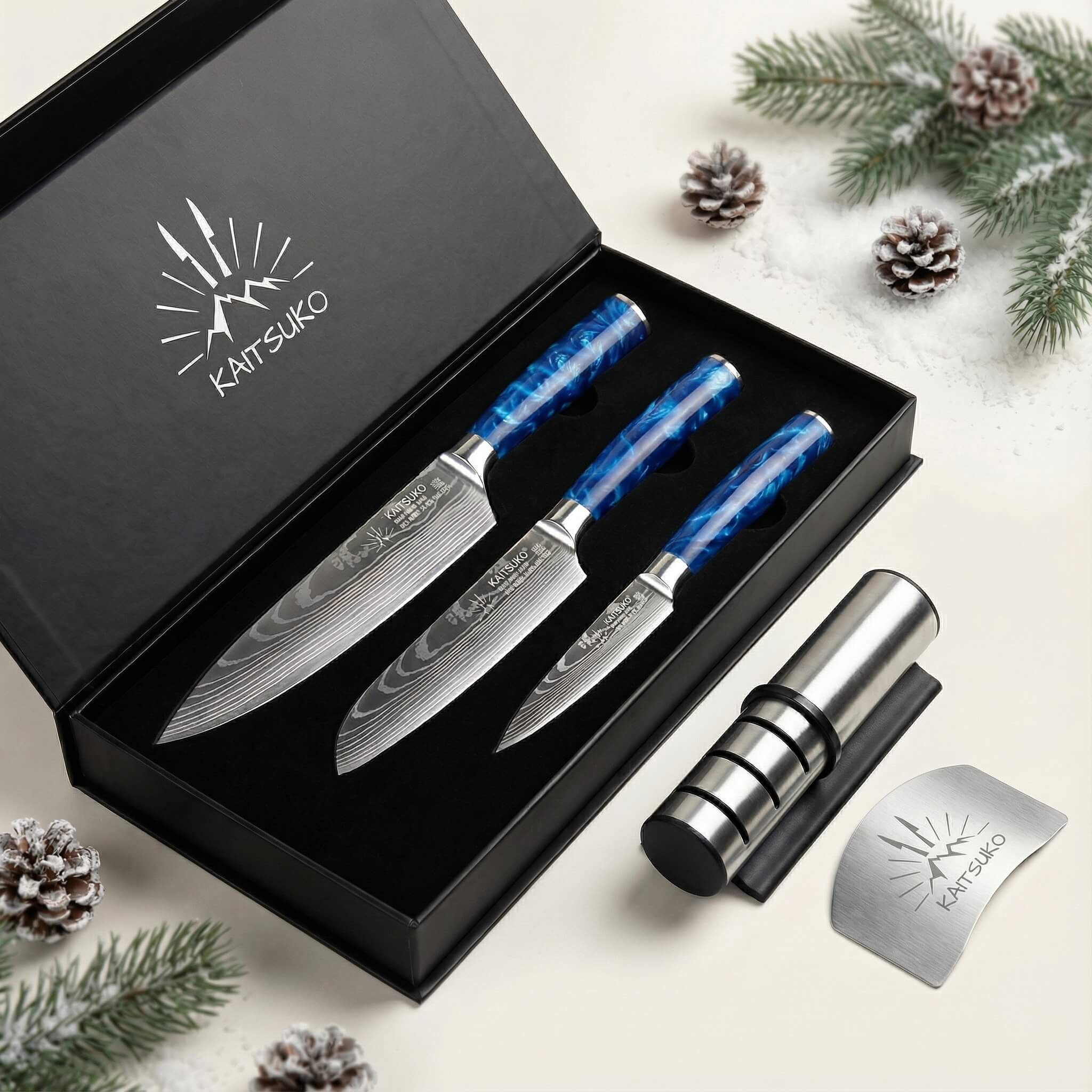 Pack Noël Amateur de Cuisine - Tanaka Bleu Océan (3 couteaux japonais + 1 aiguiseur pro + 1 protège doigt offert + 1 livre offert)