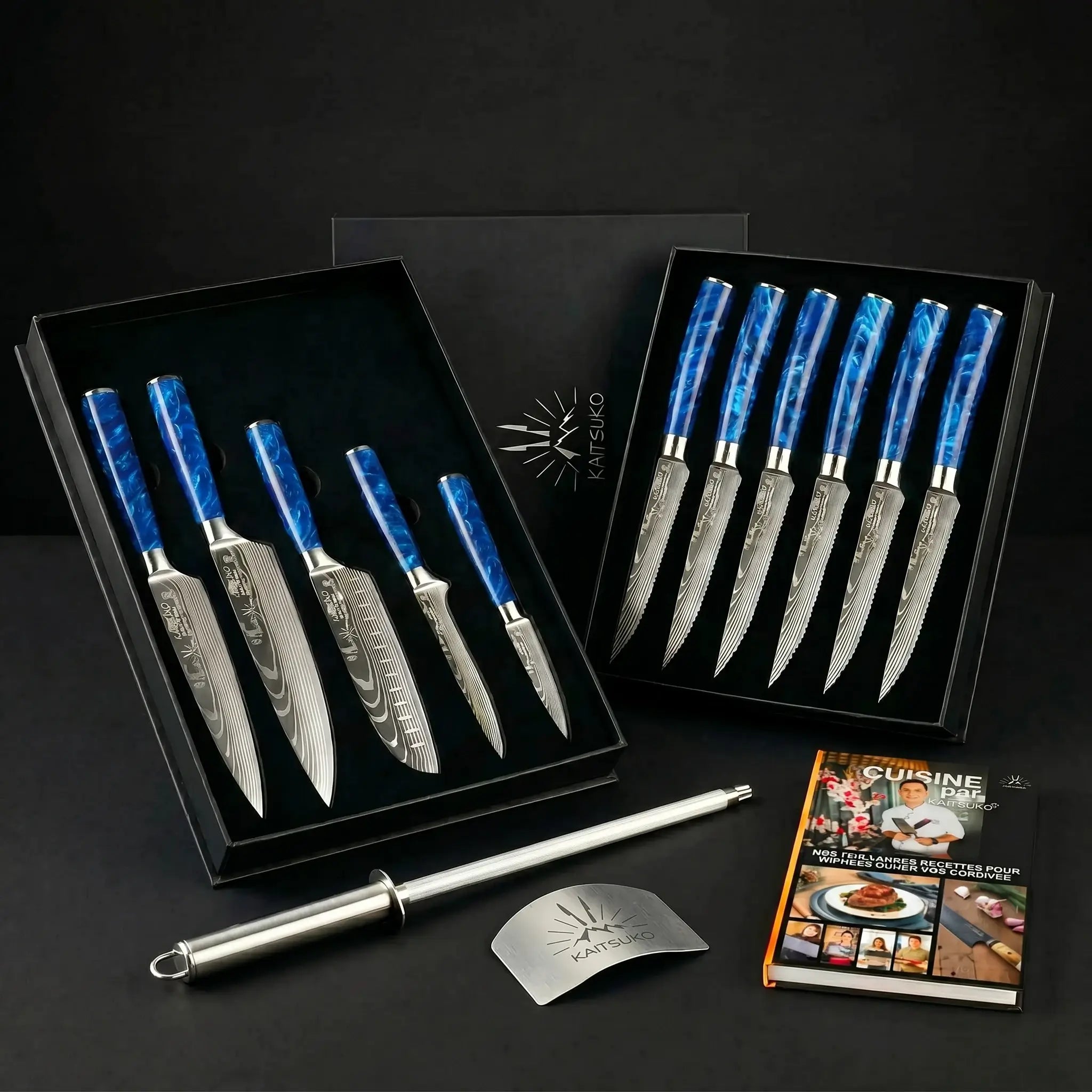 Christmas Passion Set - Tanaka Ocean Blue (6 steak knives + 5 Japanese knives + 1 pro sharpener + finger guard + free Kaitsuko book)