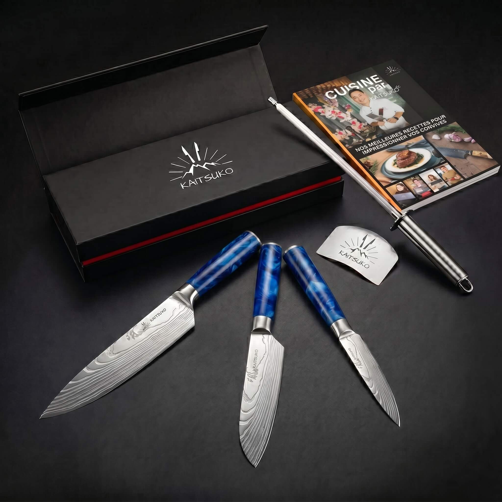 Christmas Cooking Lover Gift Set – Tanaka Ocean Blue (3 Japanese knives + 1 pro sharpener + 1 free finger guard + free Kaitsuko E-cookbook)