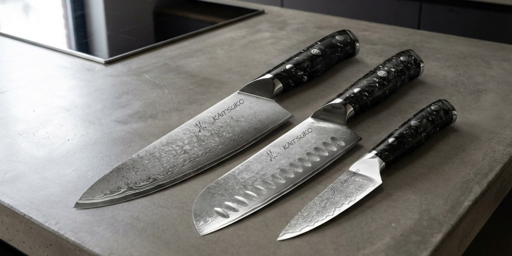 Le set de 3 couteaux japonais en acier damas Kaitsuko