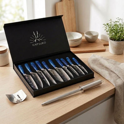 pack de 10 couteaux japonais haut de gamme manches bleus avec accessoires de cuisine