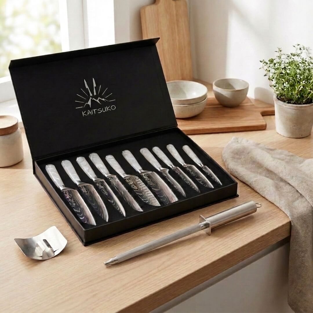 pack de 10 couteaux japonais manches blancs et accessoires de cuisine indispensables