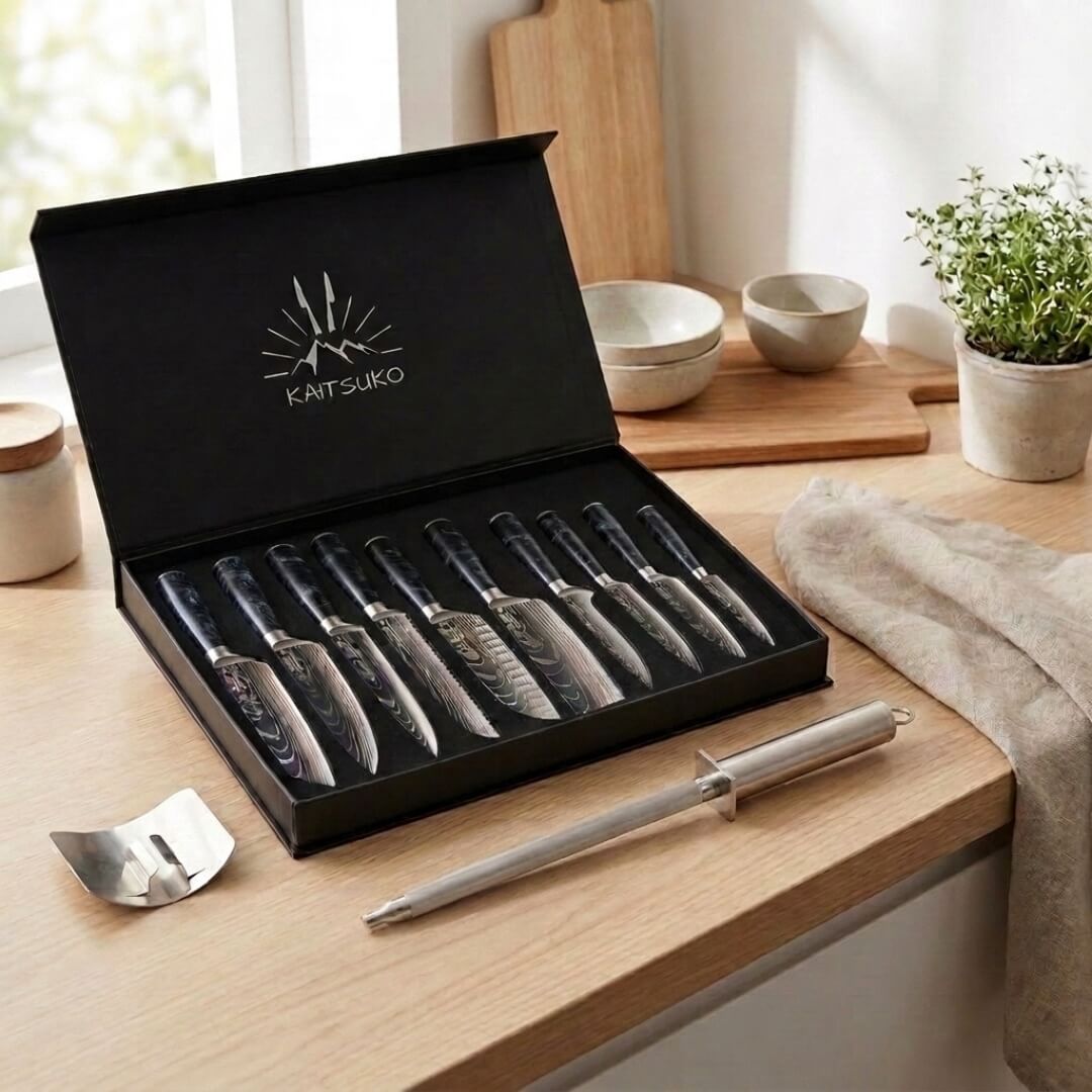 pack de 10 couteaux japonais manches noirs et accessoires offerts