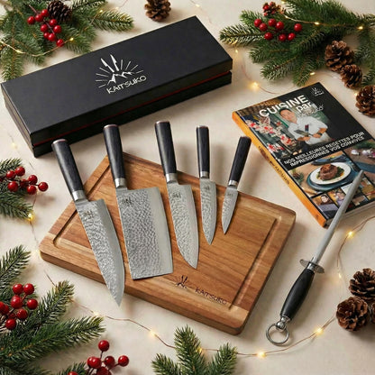 Complete Chef Set*** – Kaito Collection (5 hammered Japanese knives + cutting board + pro sharpener + free Kaitsuko book)