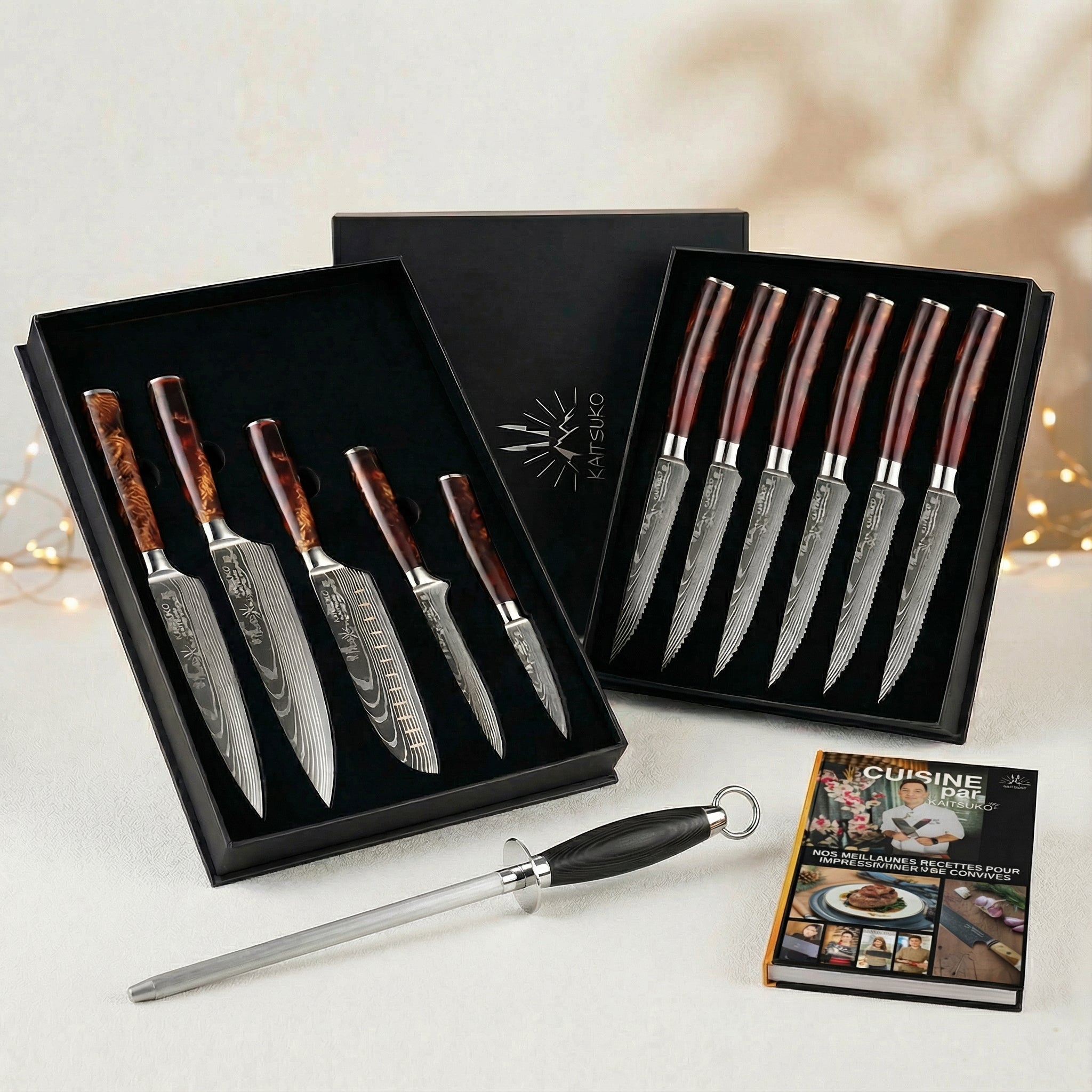 Christmas Passion Set - Tanaka Land of Fire (6 steak knives + 5 Japanese knives + 1 pro sharpener + free Kaitsuko book)