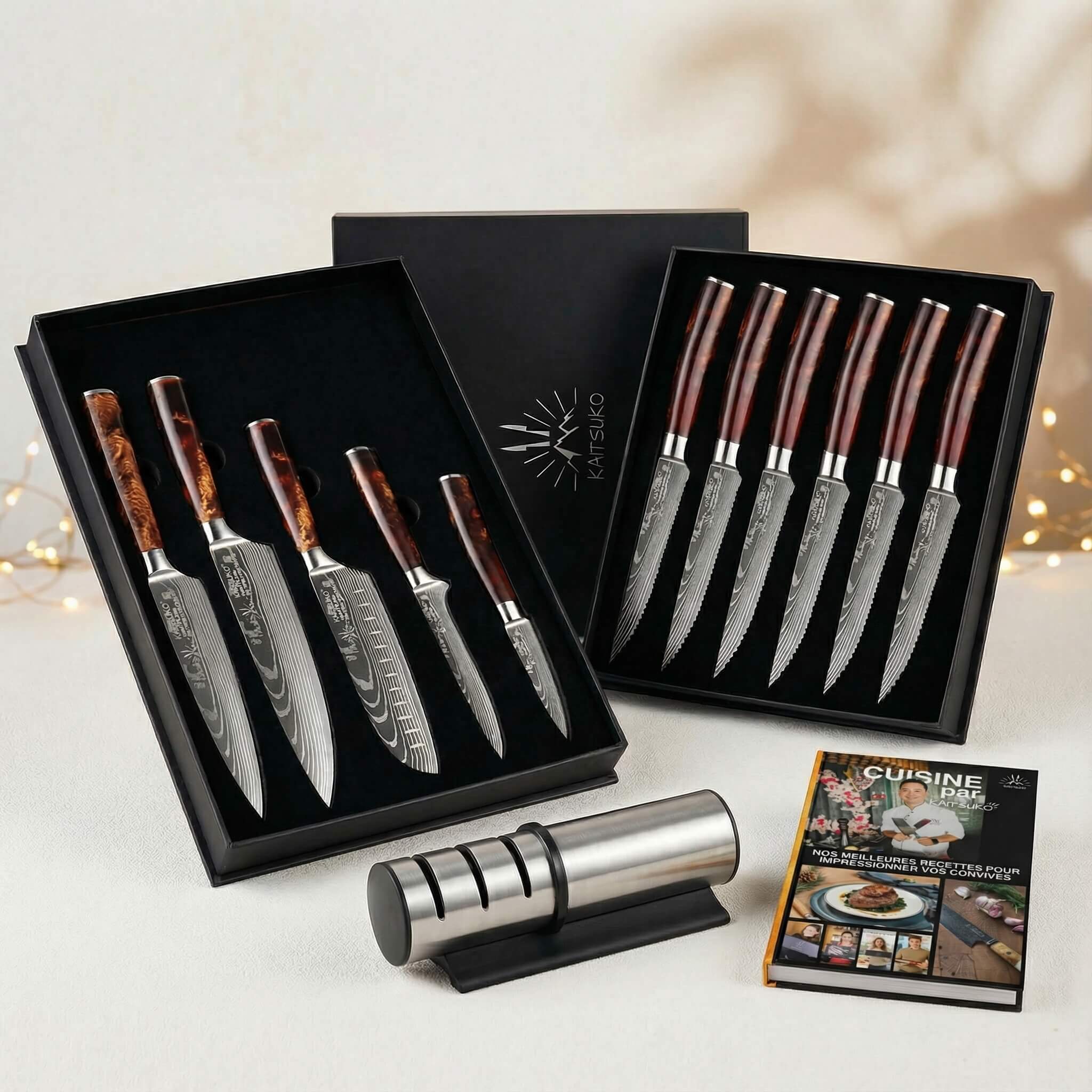 Christmas Passion Set - Tanaka Land of Fire (6 steak knives + 5 Japanese knives + 1 pro sharpener + free Kaitsuko book)