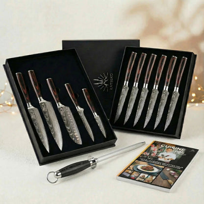 Christmas Passion Set - Tanaka Forest Wood (6 steak knives + 5 Japanese knives + 1 pro sharpener + free Kaitsuko book)