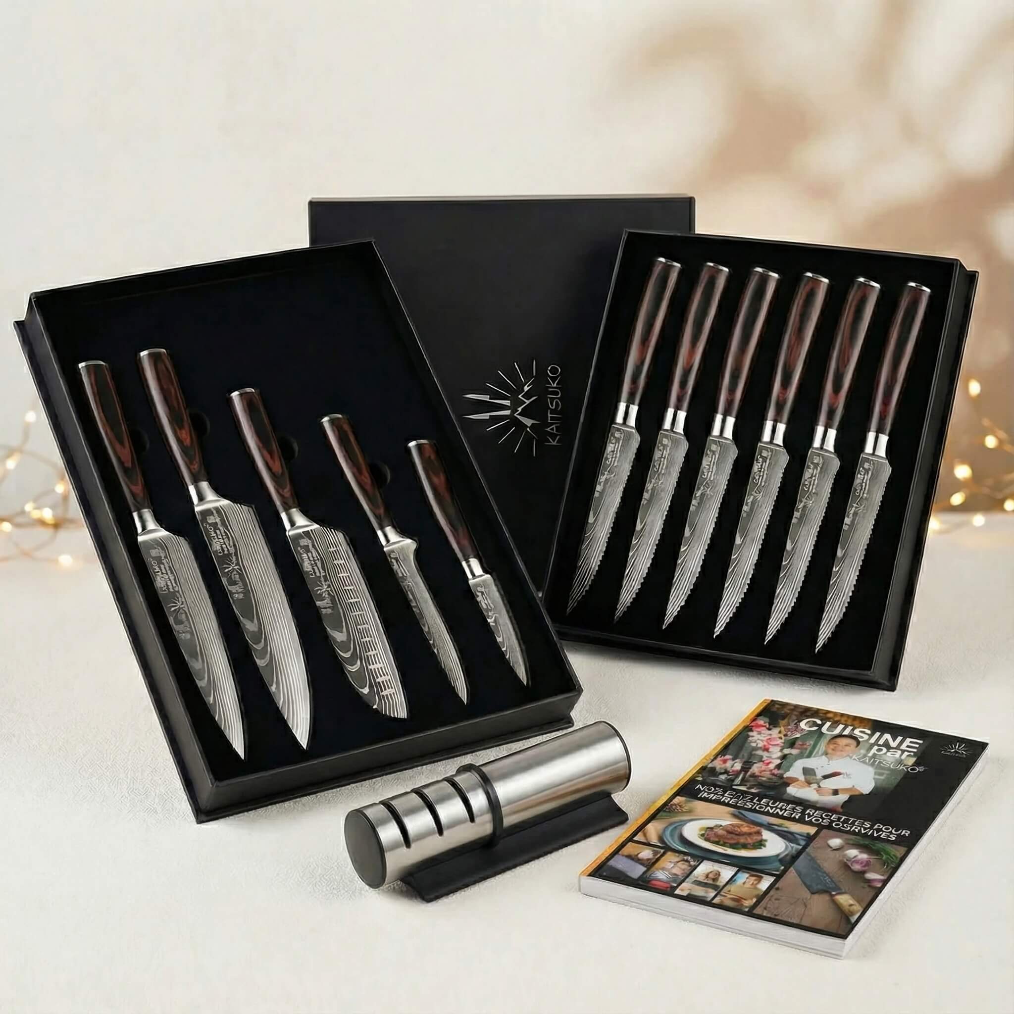 Christmas Passion Set - Tanaka Forest Wood (6 steak knives + 5 Japanese knives + 1 pro sharpener + free Kaitsuko book)