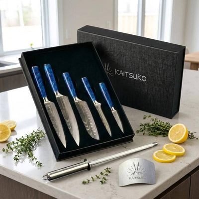 pack 5 couteaux japonais manches bleu avec accessoires offerts