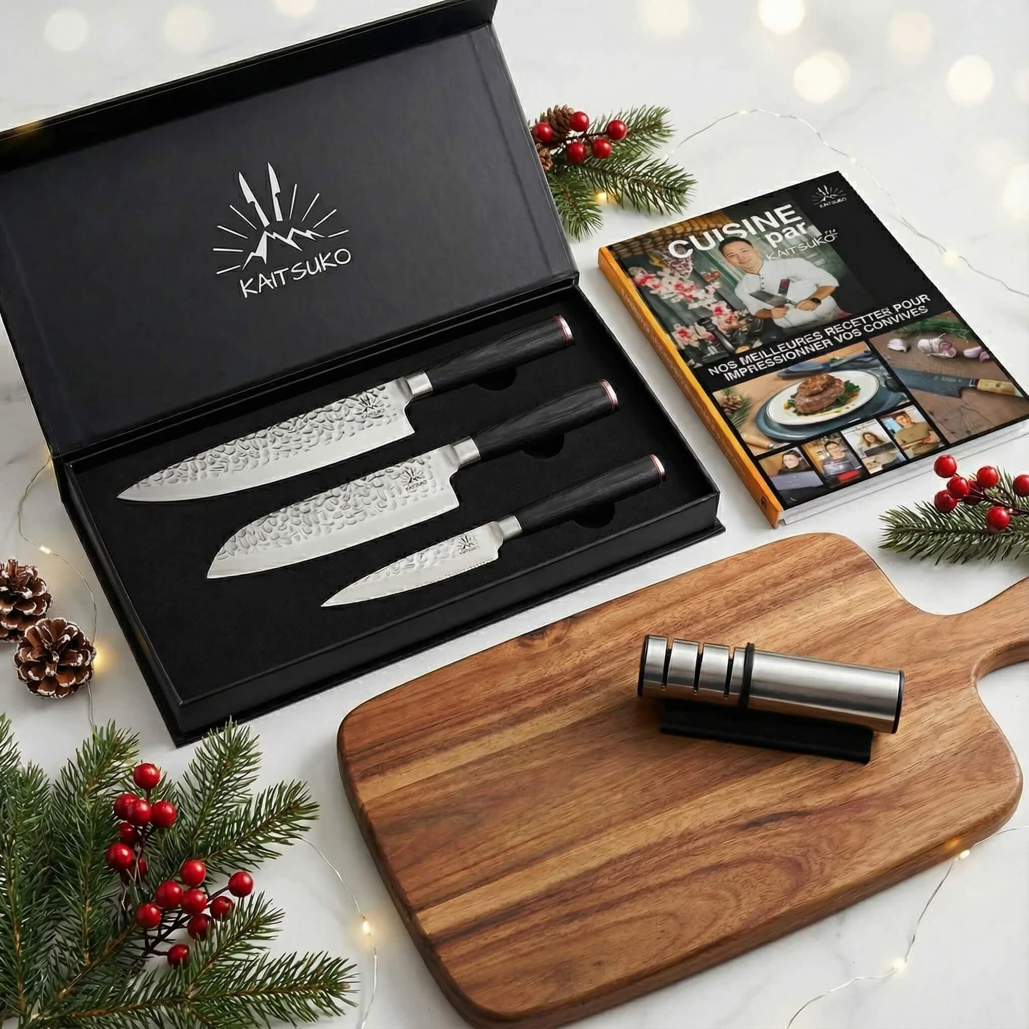 Chef's Pack*** (3 Kaito Japanese Knives + 1 Pro Sharpener + 1 Kaitsuko Book FREE)