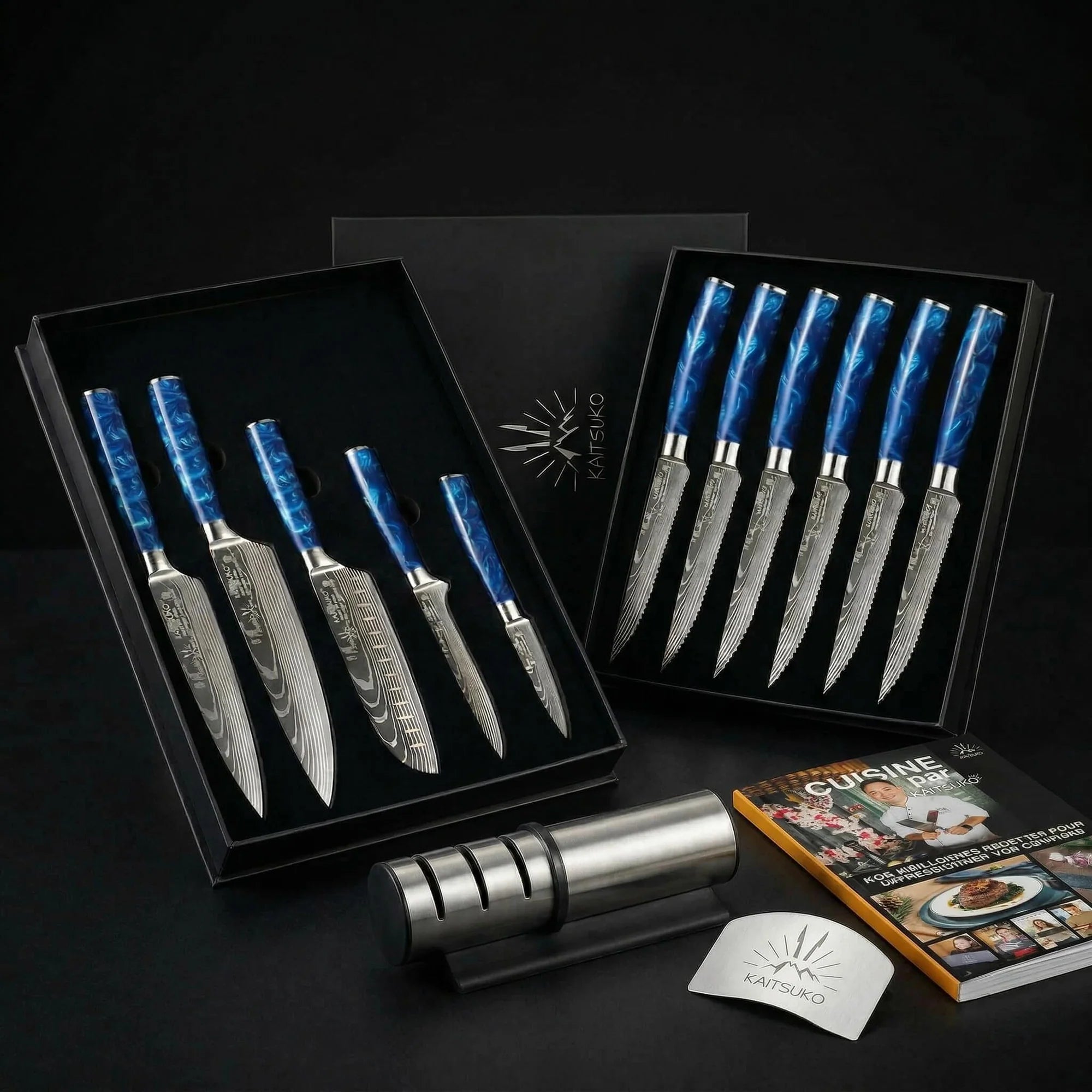 Christmas Passion Set - Tanaka Ocean Blue (6 steak knives + 5 Japanese knives + 1 pro sharpener + finger guard + free Kaitsuko book)