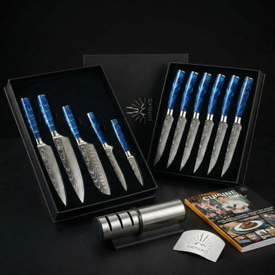 Christmas Passion Set - Tanaka Ocean Blue (6 steak knives + 5 Japanese knives + 1 pro sharpener + finger guard + free Kaitsuko book)