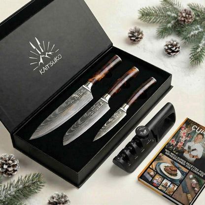 Christmas Cooking Lover Gift Set – Tanaka Land of Fire (3 Japanese knives + 1 pro sharpener + free Kaitsuko cookbook)